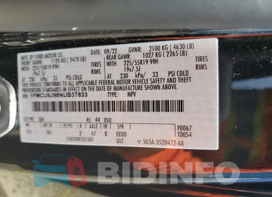 1FMCU9J98NUB37833 Photo# 13