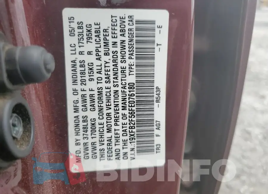 19XFB2F56FE076180 Photo# 12