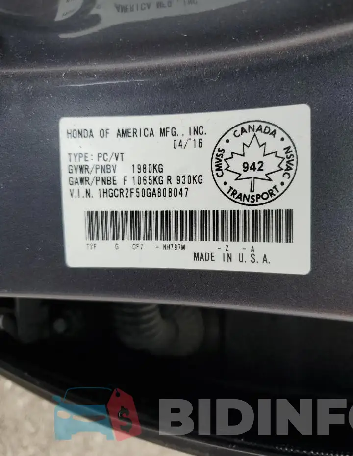 1HGCR2F50GA808047 Photo# 12