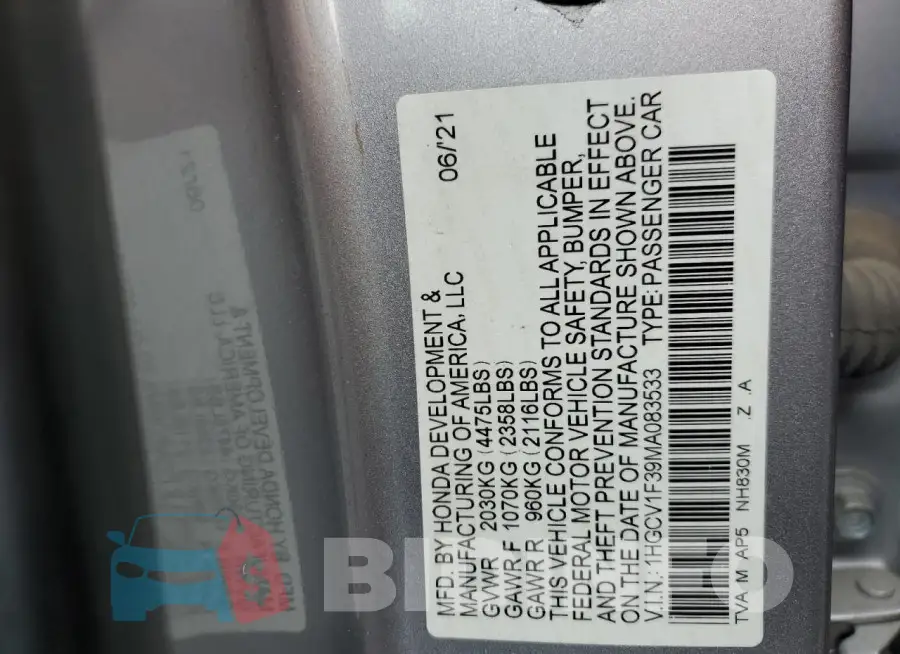 1HGCV1F39MA083533 Photo# 12