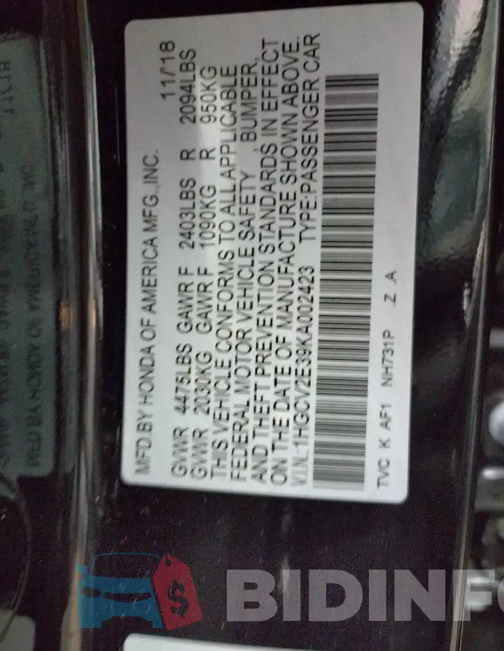 1HGCV2E39KA002423 Photo# 13