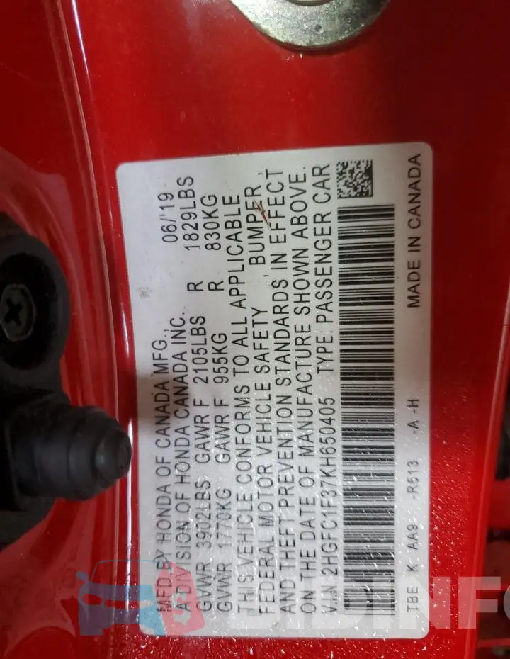 2HGFC1F37KH650405 Photo# 12