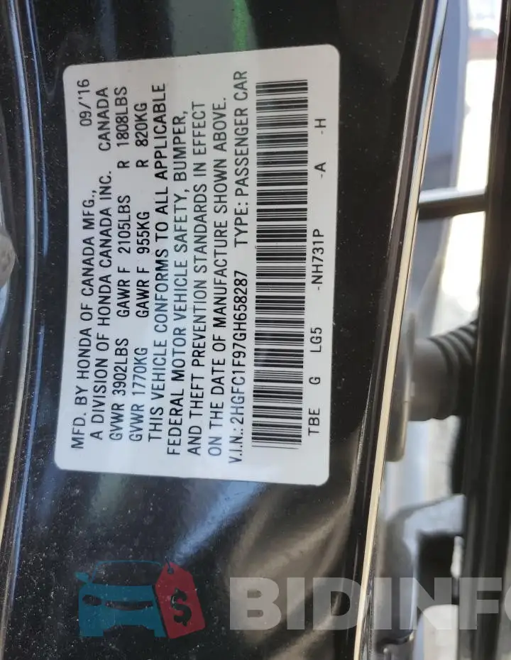 2HGFC1F97GH658287 Photo# 12