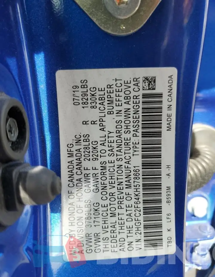 2HGFC2F64KH578661 Photo# 13