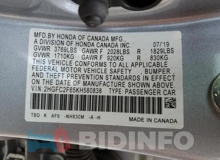 2HGFC2F65KH580838 Photo# 12