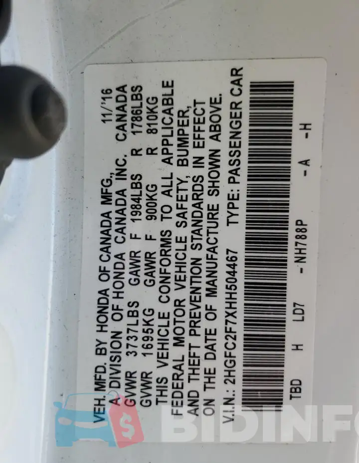 2HGFC2F7XHH504467 Photo# 12