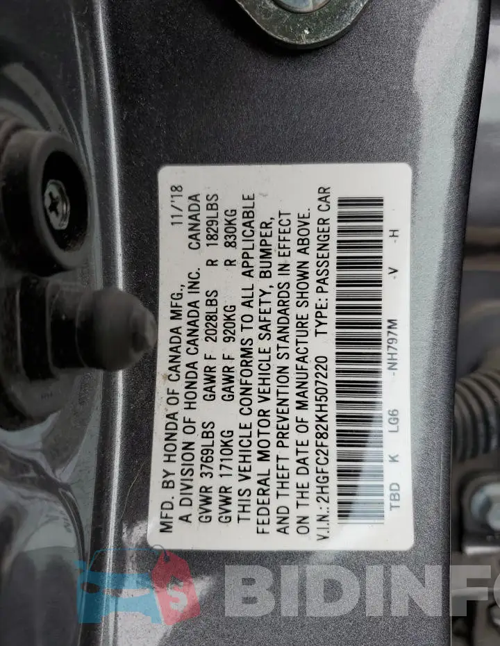 2HGFC2F82KH507220 Photo# 13