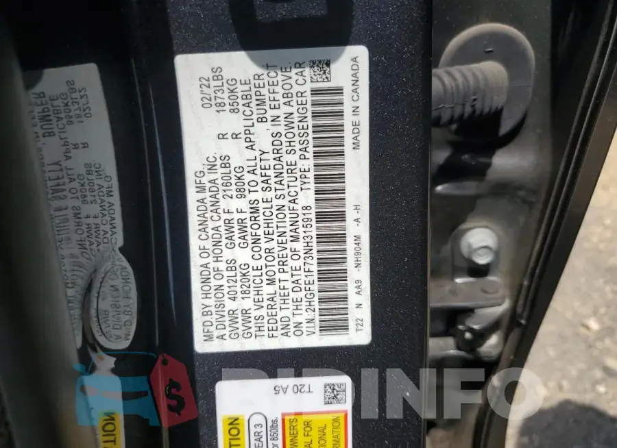 2HGFE1F73NH315918 Photo# 12