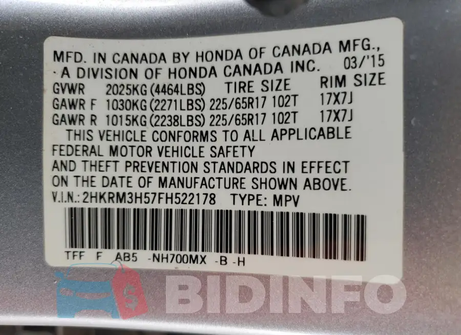 2HKRM3H57FH522178 Photo# 12