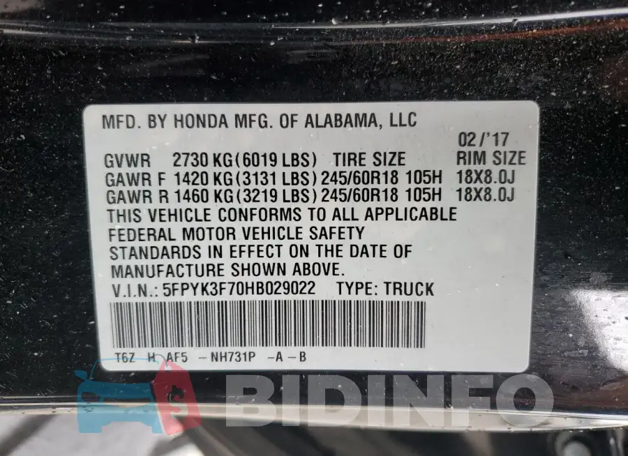 5FPYK3F70HB029022 Photo# 12