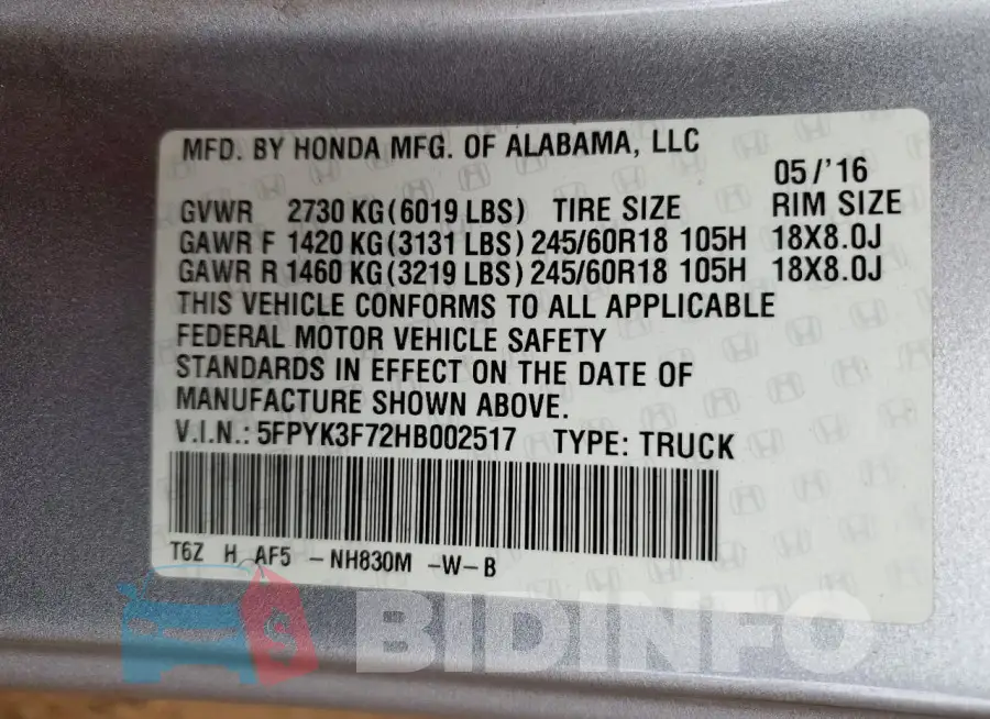 5FPYK3F72HB002517 Photo# 12
