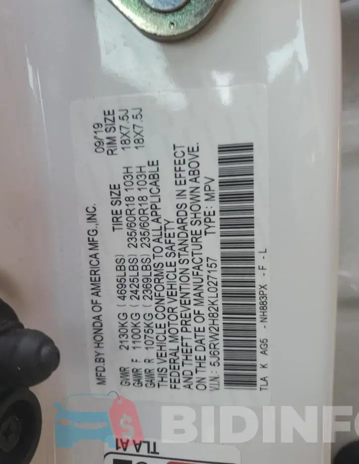 5J6RW2H82KL027157 Photo# 14
