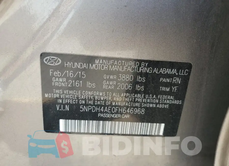 5NPDH4AE0FH646968 Photo# 12