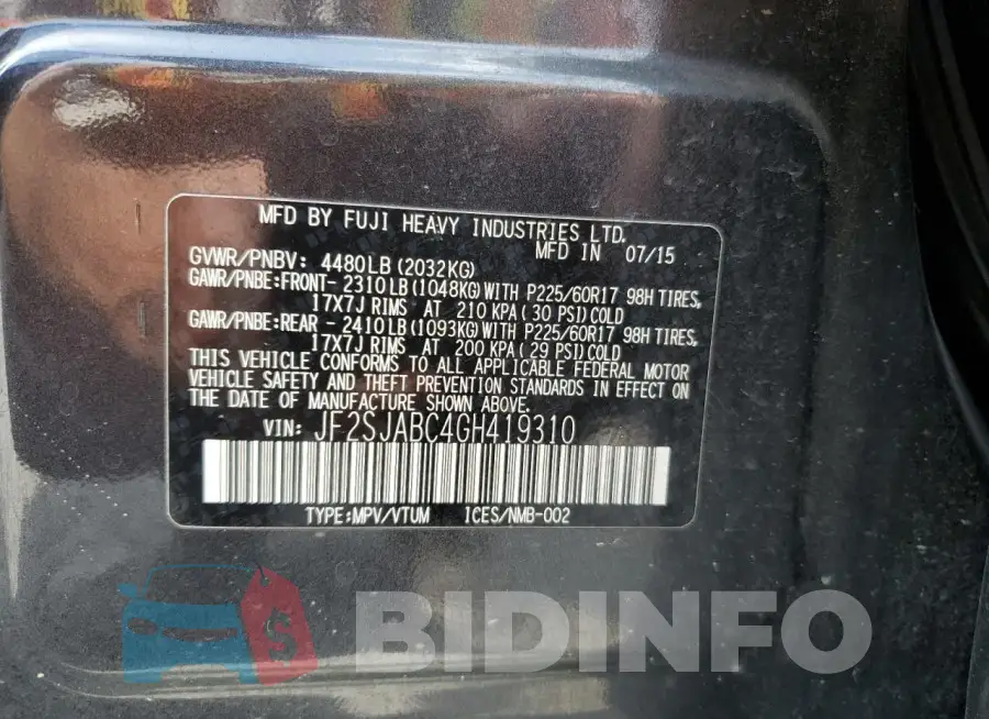 JF2SJABC4GH419310 Photo# 13