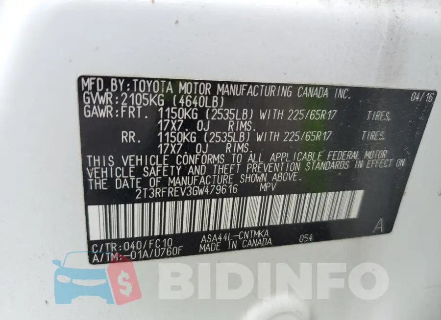 2T3RFREV3GW479616 Photo# 14