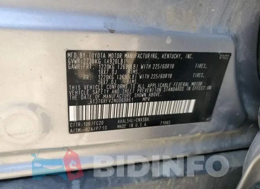 4T3T6RFV2NU069861 Photo# 13