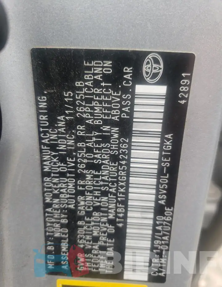 4T4BF1FKXGR542362 Photo# 13