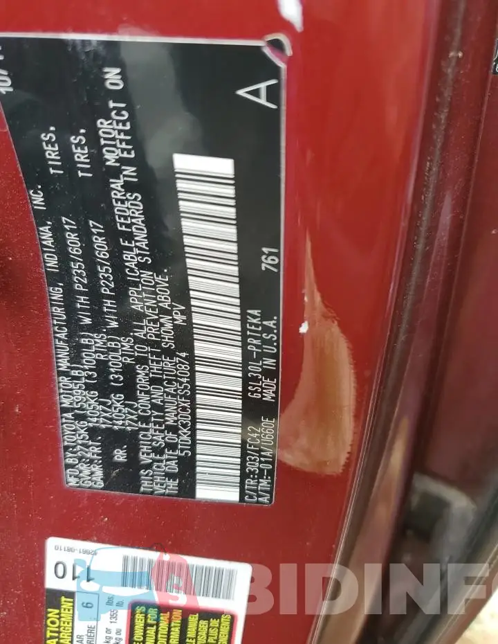 5TDKK3DCXFS540874 Photo# 13