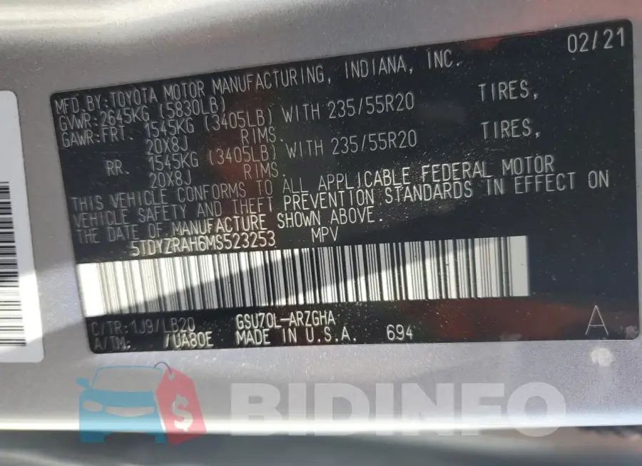 5TDYZRAH6MS523253 Photo# 13