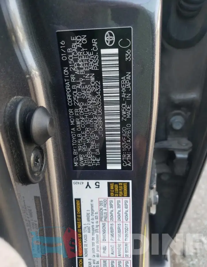 JTDKBRFU6G3504322 Photo# 12