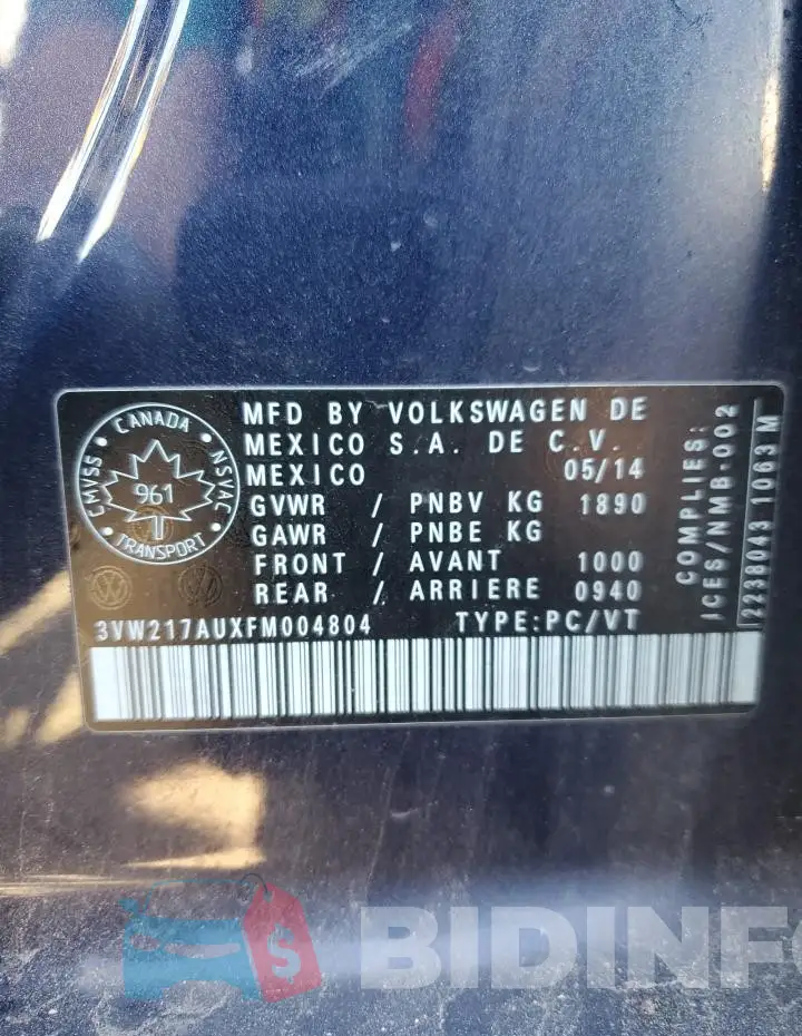 3VW217AUXFM004804 Photo# 13