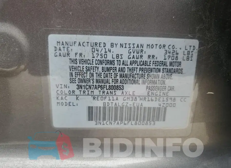 3N1CN7AP6FL800853 Photo# 12