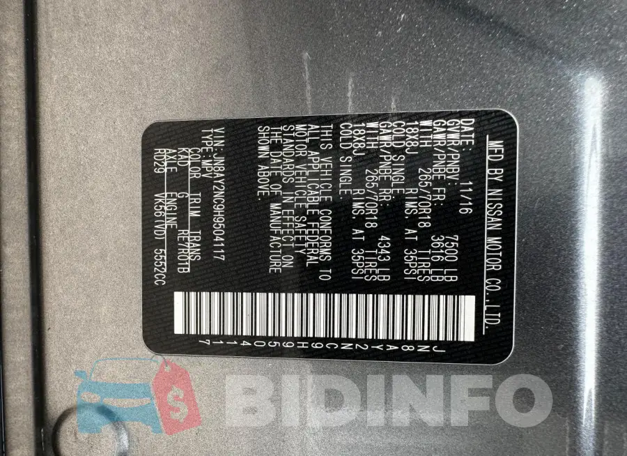 JN8AY2NC9H9504117 Photo# 13