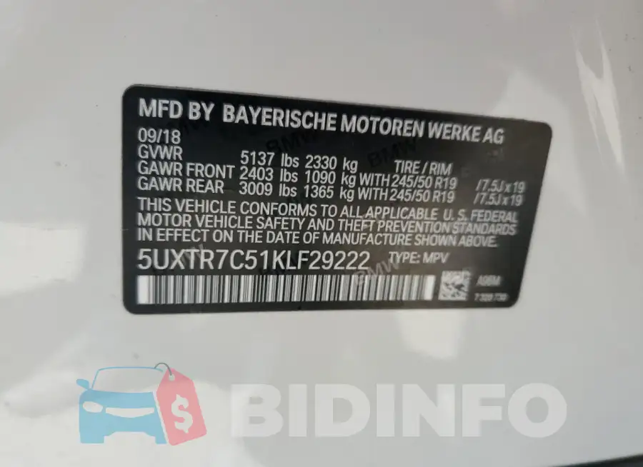 5UXTR7C51KLF29222 Photo# 14