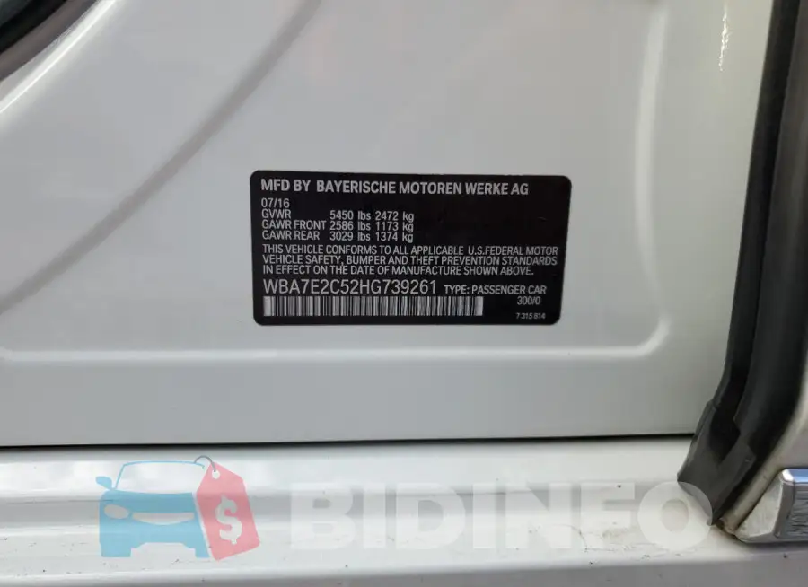 WBA7E2C52HG739261 Photo# 12