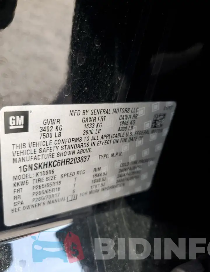 1GNSKHKC6HR203837 Photo# 13