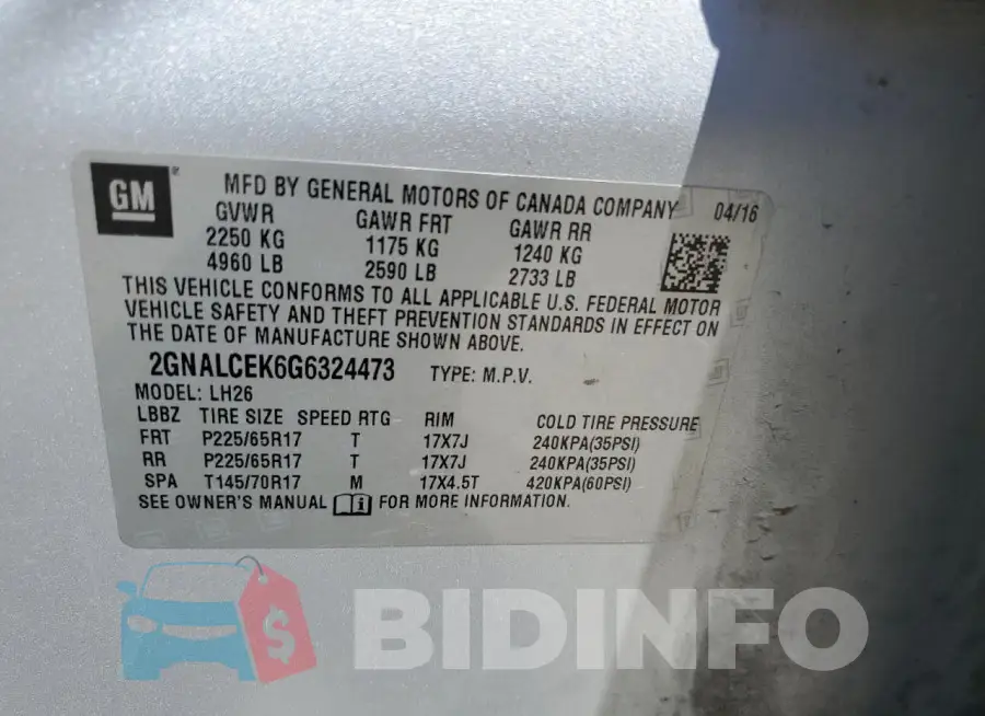 2GNALCEK6G6324473 Photo# 13