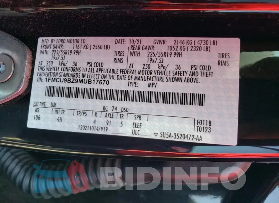 1FMCU9BZ9MUB17670 Photo# 13