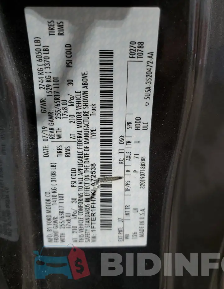 1FTER1FH7KLA72538 Photo# 12