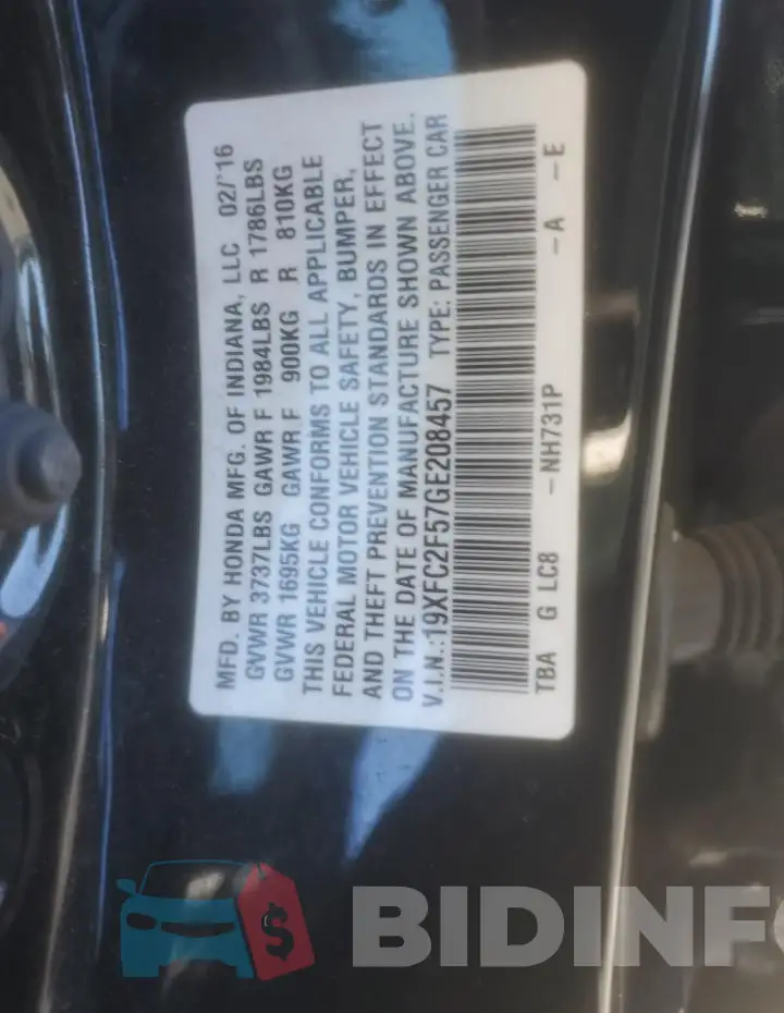 19XFC2F57GE208457 Photo# 12