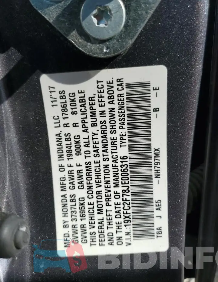 19XFC2F78JE006316 Photo# 13