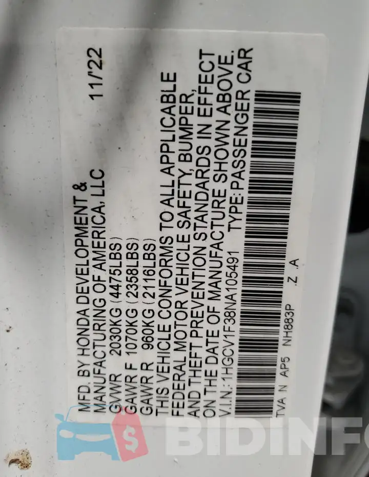 1HGCV1F38NA105491 Photo# 13