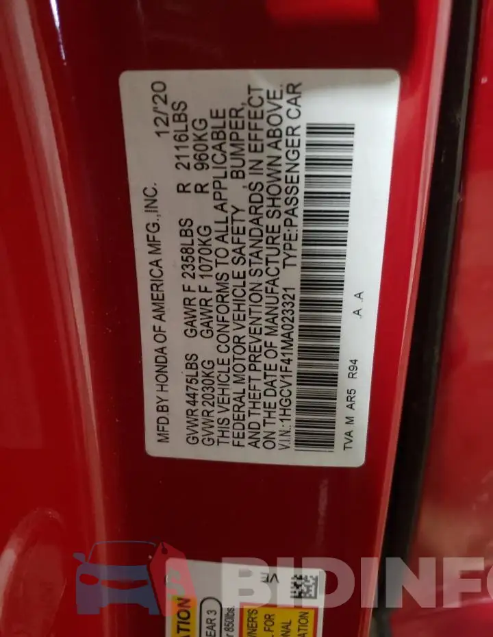 1HGCV1F41MA023321 Photo# 13