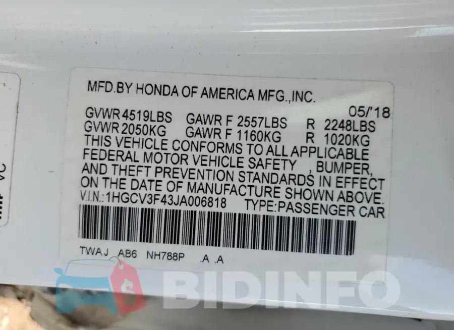 1HGCV3F43JA006818 Photo# 12