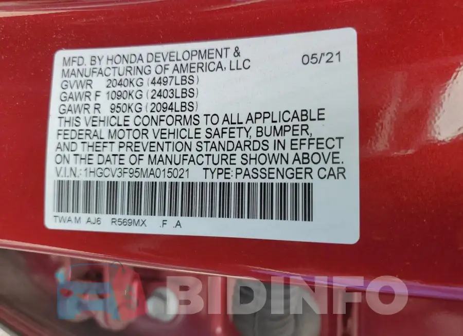 1HGCV3F95MA015021 Photo# 12