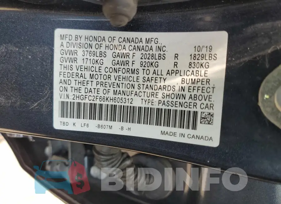 2HGFC2F66KH605312 Photo# 12