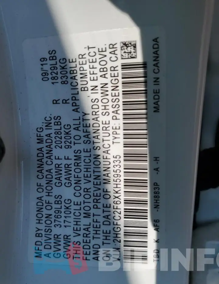 2HGFC2F6XKH595335 Photo# 12