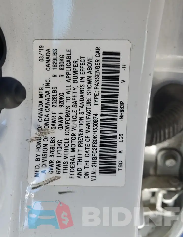 2HGFC2F80KH550874 Photo# 12