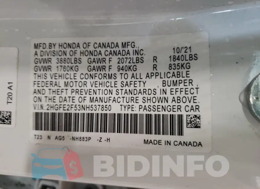 2HGFE2F53NH537850 Photo# 12