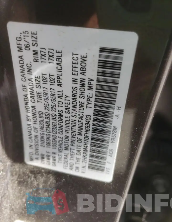 2HKRM4H70FH669403 Photo# 14