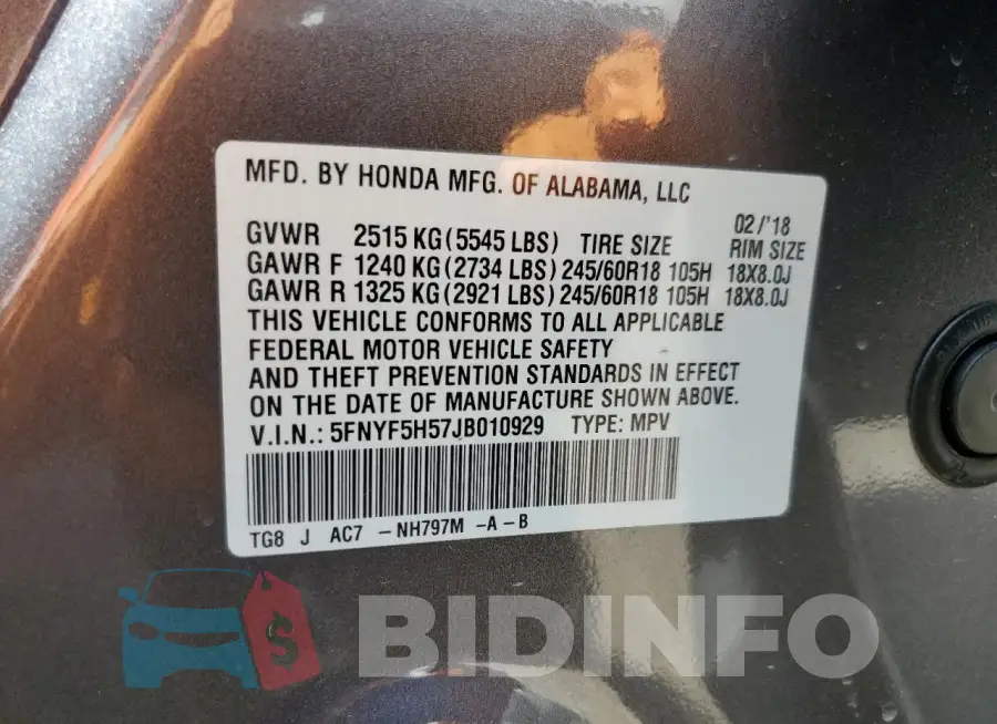 5FNYF5H57JB010929 Photo# 14