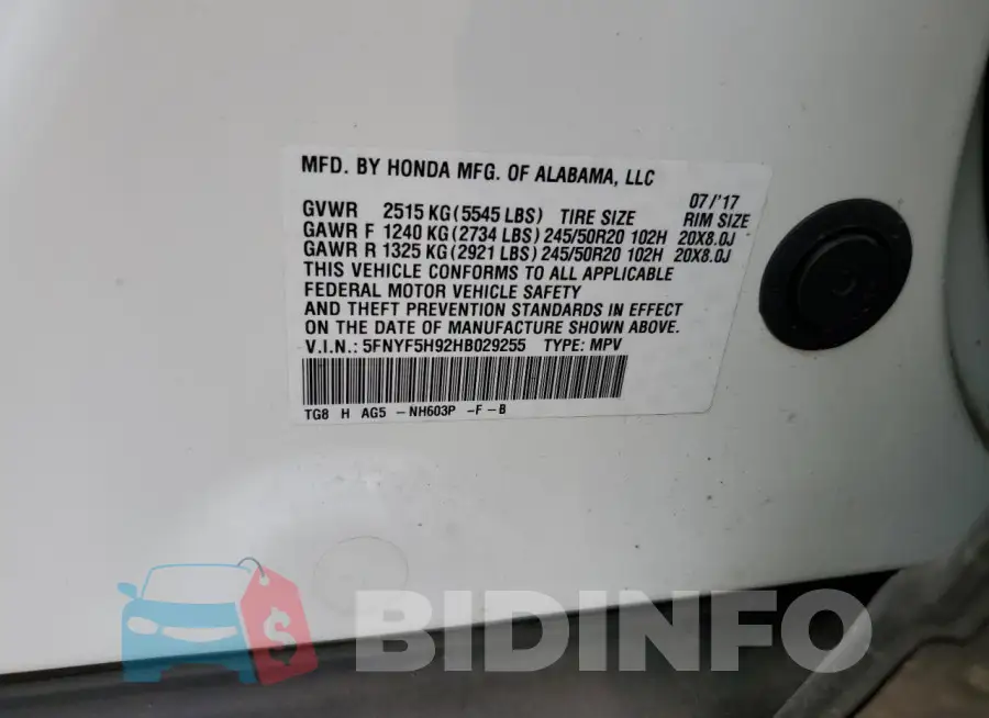 5FNYF5H92HB029255 Photo# 12