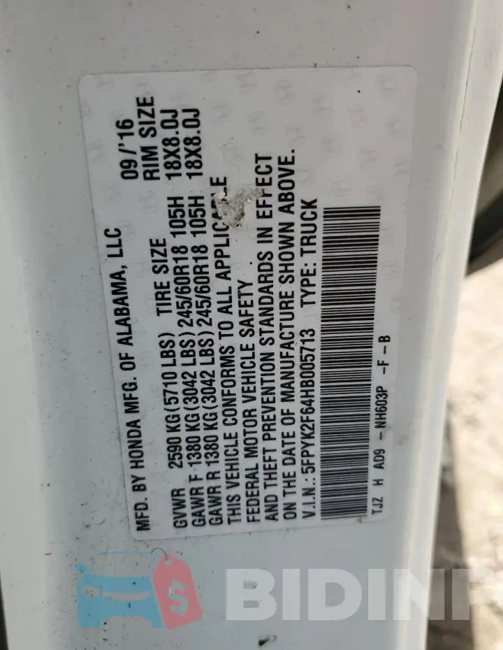 5FPYK2F64HB005713 Photo# 12