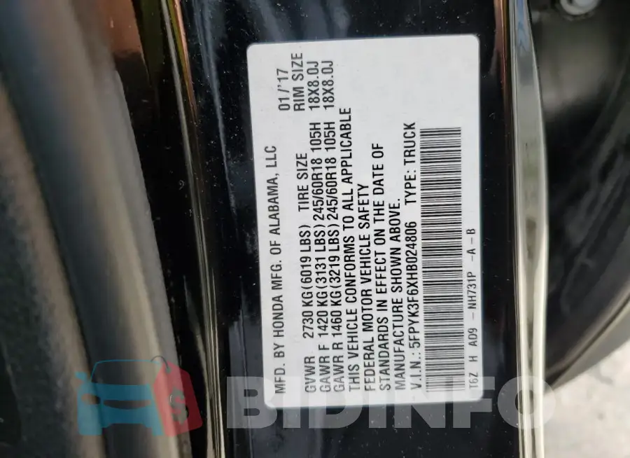5FPYK3F6XHB024806 Photo# 12