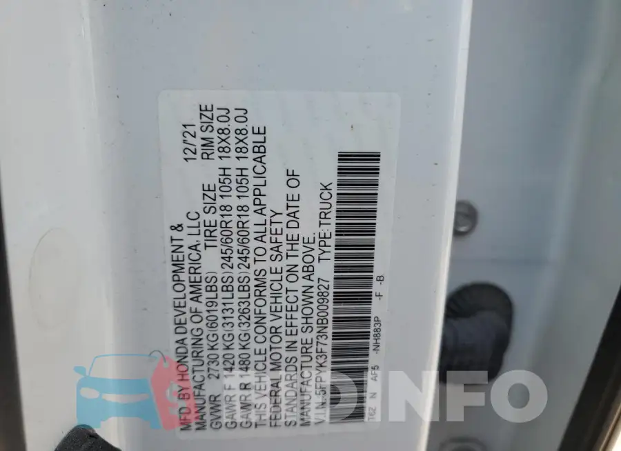 5FPYK3F73NB009827 Photo# 12