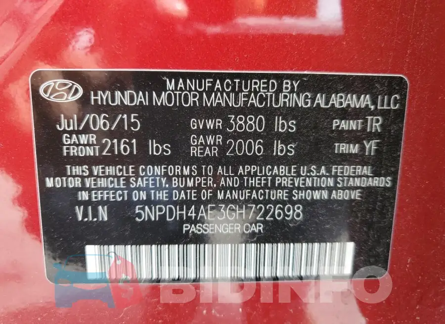 5NPDH4AE3GH722698 Photo# 12